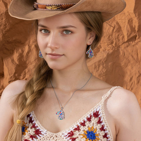 WNS2-2001S  Wrangler Jewelry Horse Head Pendant Necklace Earrings Set -Silver