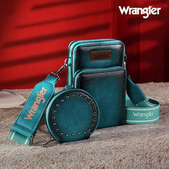 WG117-207 Wrangler Crossbody Cell Phone Purse 3 Zippered Compartment with Coin Pouch- Turquoise