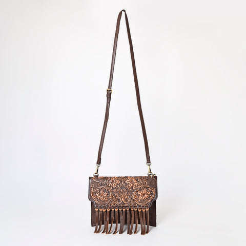 A&A-843A  Montana West Hand Tooled 100% Genuine Leather Fringe Crossbody