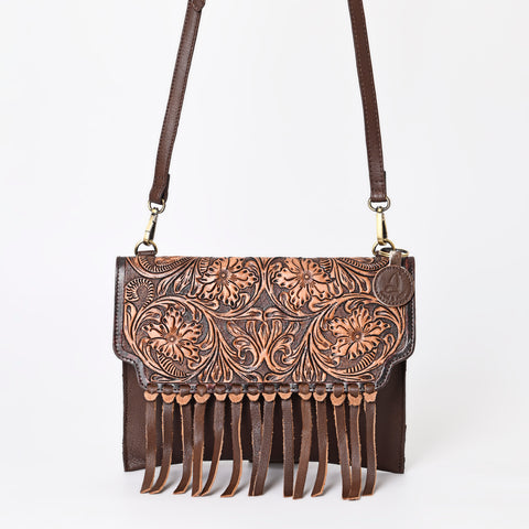 A&A-843A  Montana West Hand Tooled 100% Genuine Leather Fringe Crossbody
