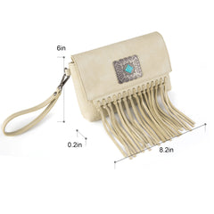 WG61-181  Wrangler Turquoise Stone Concho Fringe Clutch/Crossbody - Beige