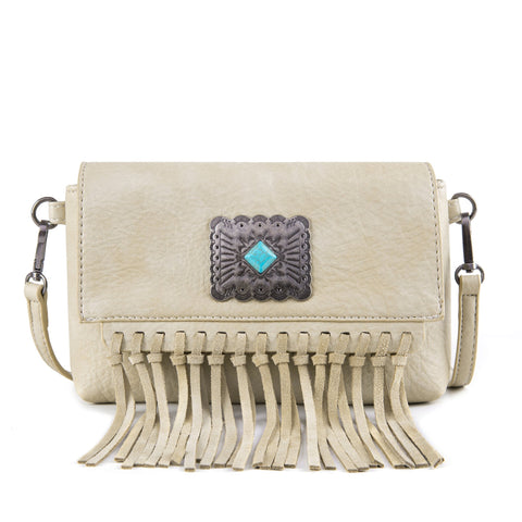 WG61-181  Wrangler Turquoise Stone Concho Fringe Clutch/Crossbody - Beige