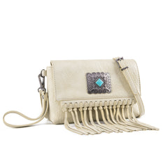 WG61-181  Wrangler Turquoise Stone Concho Fringe Clutch/Crossbody - Beige