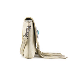 WG61-181  Wrangler Turquoise Stone Concho Fringe Clutch/Crossbody - Beige