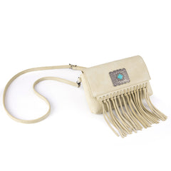 WG61-181  Wrangler Turquoise Stone Concho Fringe Clutch/Crossbody - Beige