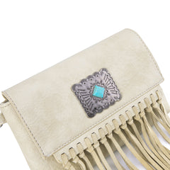 WG61-181  Wrangler Turquoise Stone Concho Fringe Clutch/Crossbody - Beige