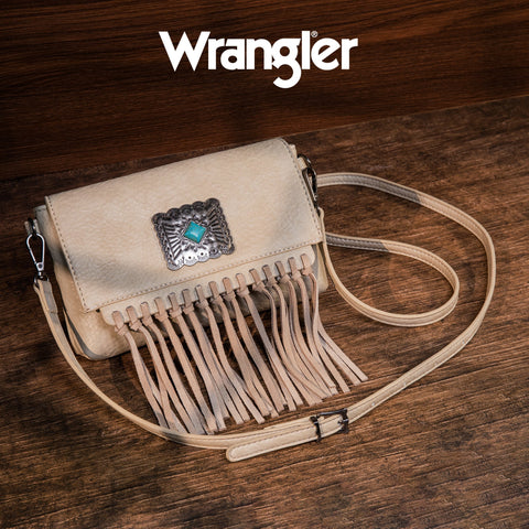 WG61-181  Wrangler Turquoise Stone Concho Fringe Clutch/Crossbody - Beige