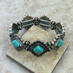 BR230430-02  Southwest Style Silver Natural Stone Concho Stretch Bracelet