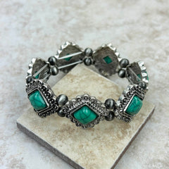 BR230430-02  Southwest Style Silver Natural Stone Concho Stretch Bracelet