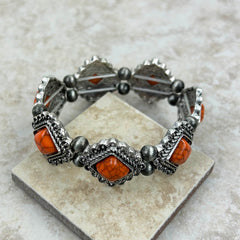 BR230430-02  Southwest Style Silver Natural Stone Concho Stretch Bracelet