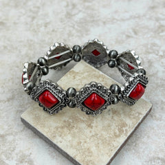 BR230430-02  Southwest Style Silver Natural Stone Concho Stretch Bracelet