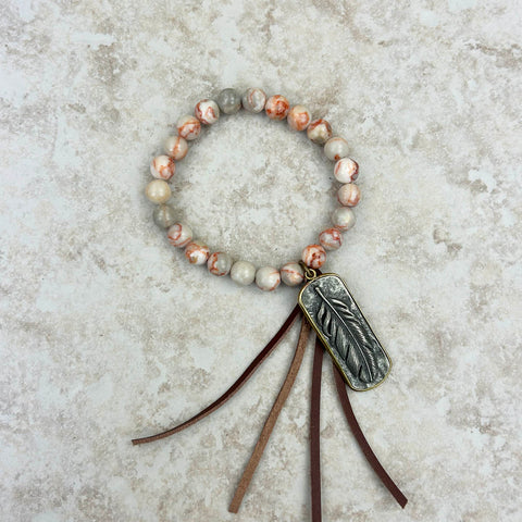 BRS230528-07   Jasper Bracelet with Tassel and Metal Feather Pendent