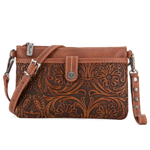 WG85-181 Wrangler Vintage Floral Tooled Collection Crossbody - Brown
