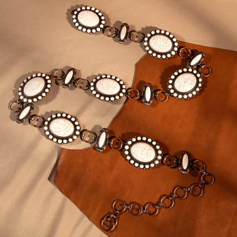 CB-1005  Rustic Couture  Western oval Stone Concho Link Chain Belt