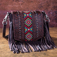 RLC-L166 Montana West Genuine Leather Tooled Collection Fringe Crossbody