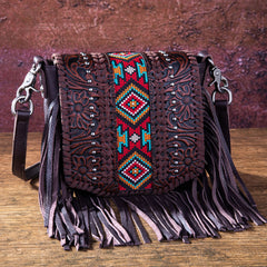 RLC-L166 Montana West Genuine Leather Tooled Collection Fringe Crossbody