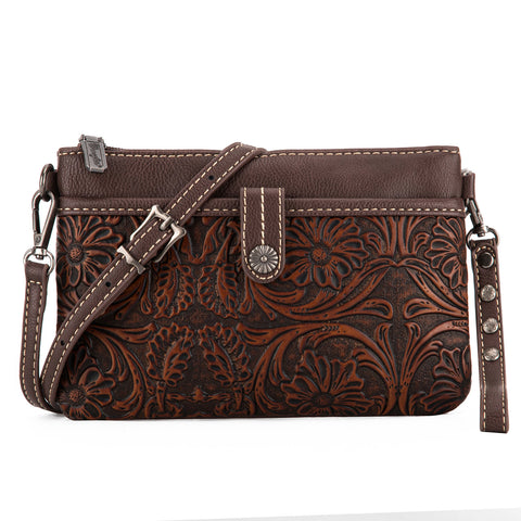 WG85-181 Wrangler Vintage Floral Tooled Collection Crossbody - Coffee