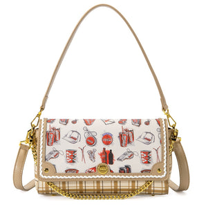 CO-HB-16-107-TN Coca-Cola Plaid Printed Flap Shoulder Crossbody Bag - Tan
