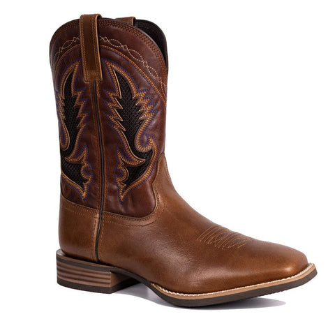 PLT-103603  Western Men's Embroidered Square Toe Vintage Cowboy Full Grain Leather Boots