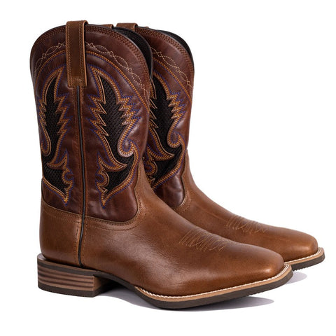 PLT-103603  Western Men's Embroidered Square Toe Vintage Cowboy Full Grain Leather Boots