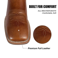PLT-103603  Western Men's Embroidered Square Toe Vintage Cowboy Full Grain Leather Boots