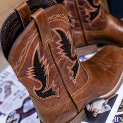 PLT-103603  Western Men's Embroidered Square Toe Vintage Cowboy Full Grain Leather Boots