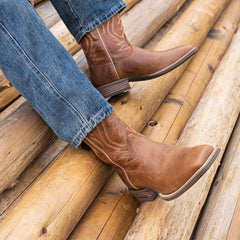 PLT-103605   Men's Embroidered Wide Toe Cowboy Full Grain Leather Boots