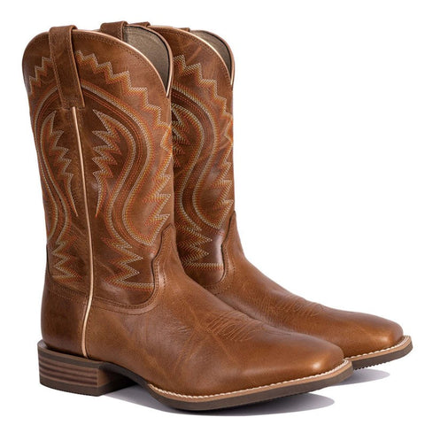 PLT-103605   Men's Embroidered Wide Toe Cowboy Full Grain Leather Boots
