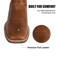 PLT-103605   Men's Embroidered Wide Toe Cowboy Full Grain Leather Boots