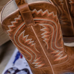 PLT-103605   Men's Embroidered Wide Toe Cowboy Full Grain Leather Boots
