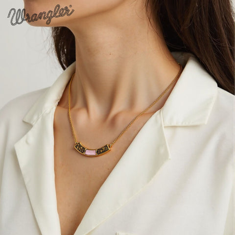 WNS-STL-1119GPK  Wrangler Natural Stone Gold Engraved Necklace -Pink