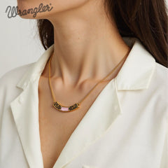 WNS-STL-1119GPK  Wrangler Natural Stone Gold Engraved Necklace -Pink