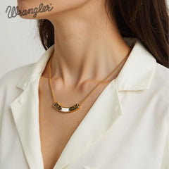 WNS-STL-1119GBG  Wrangler Natural Stone Gold Engraved Necklace -Beige