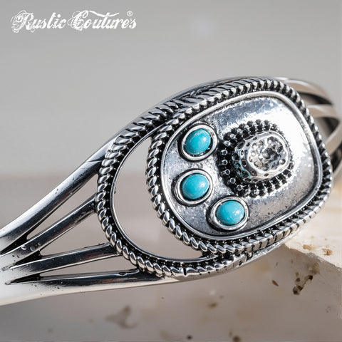 RCW-02-110TQ   Rustic Couture Antique Silver Turquoise Stone Small Cuff Bracelet -Turquoise