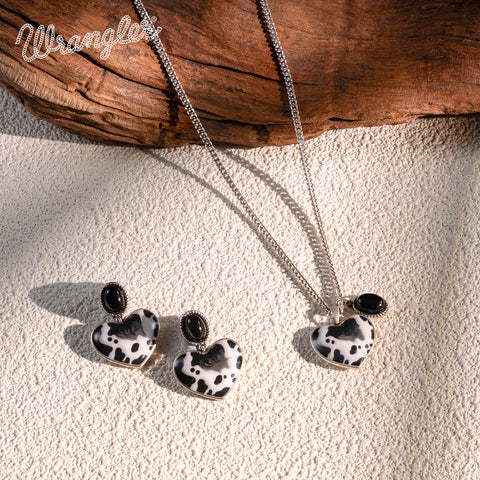 WNS2-1129S  Wrangler Cow-Print Natural Stone Pendant Silver Necklace Earrings Set - Black
