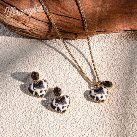 WNS2-1129G  Wrangler Cow-Print Natural Stone Pendant Gold Necklace Earrings Set - Black