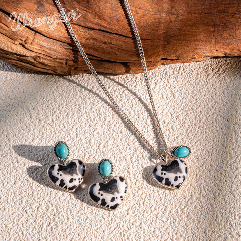 WNS2-1129S  Wrangler Cow-Print Natural Stone Pendant Silver Necklace Earrings Set - Turquoise