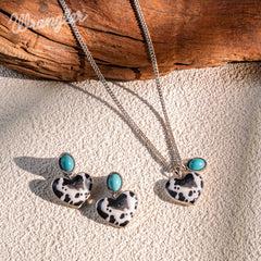 WNS2-1129S  Wrangler Cow-Print Natural Stone Pendant Silver Necklace Earrings Set - Turquoise