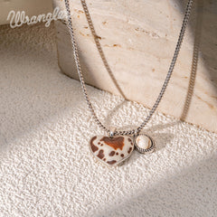 WNS2-1129S  Wrangler Cow-Print Natural Stone Pendant Silver Necklace Earrings Set - Beige