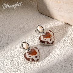 WGE-1129S  Wrangler Silver Cow Print Heart Shape Dangling Earrings - Beige