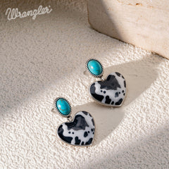 WGE-1129S  Wrangler Silver Cow Print Heart Shape Dangling Earrings - Turquoise