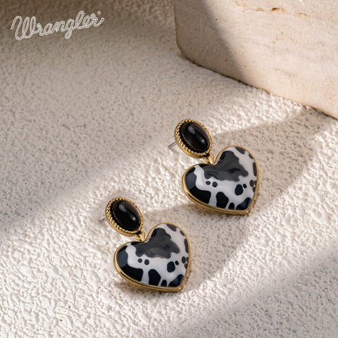 WGE-1129G  Wrangler Gold Cow Print Heart Shape Dangling Earrings -Black