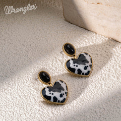 WGE-1129G  Wrangler Gold Cow Print Heart Shape Dangling Earrings -Black