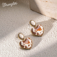WGE-1129G  Wrangler Gold Cow Print Heart Shape Dangling Earrings -Beige