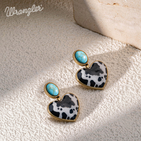 WGE-1129G  Wrangler Gold Cow Print Heart Shape Dangling Earrings - Turquoise