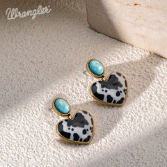 WGE-1129G  Wrangler Gold Cow Print Heart Shape Dangling Earrings - Turquoise