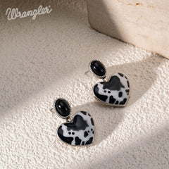 WGE-1129S  Wrangler Silver Cow Print Heart Shape Dangling Earrings - Black