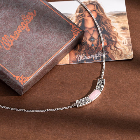 WNS-STL-1119SPK Wrangler Natural Stone Silver Engraved Necklace Pink