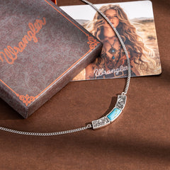 WNS-STL-1119STQ  Wrangler Natural Stone Silver Engraved Necklace -Turquoise