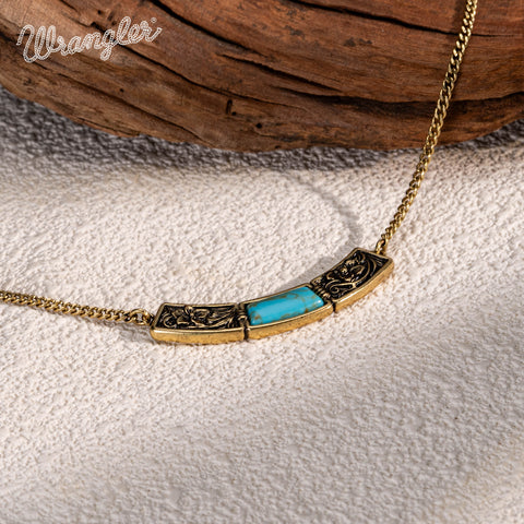 WNS-STL-1119GTQ Wrangler Natural Stone Gold Engraved Necklace -Turquoise